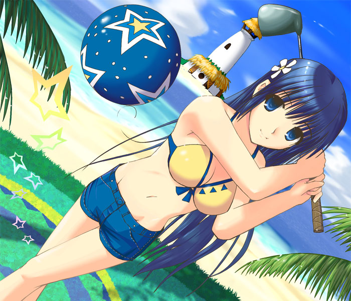 hazakura mitsuki, arin (pangya), pangya, 1girl, ball, beach, bikini, bikini top only, blue eyes, blue hair, cloud, day, female focus, golf, golf club, long hair, matching hair/eyes, outdoors, short shorts, shorts, solo, swimsuit, yellow bikini