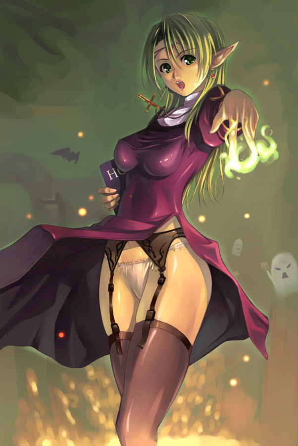 akamaru, priest (ragnarok online), ragnarok online, 1girl, black thighhighs, cleric, cross, elf, female focus, garter belt, green eyes, green hair, lace, lace-trimmed panties, lace trim, latin cross, lingerie, long hair, magic, matching hair/eyes, panties, pantyshot, pointy ears, priest, solo, thighhighs, underwear, white panties, wind, wind lift