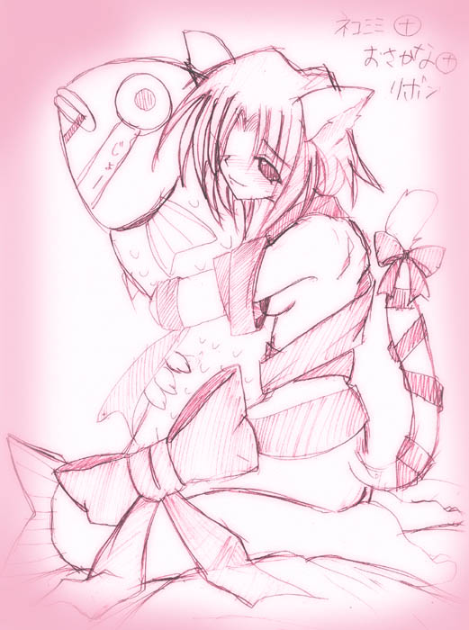 1girl, animal ears, bad anatomy, bow, cat ears, cat tail, doll, female focus, fish, hug, hugging doll, hugging object, kneeling, large bow, monochrome, naked ribbon, pillow, pink theme, ribbon, sketch, solo, tail, tail ornament, tail ribbon