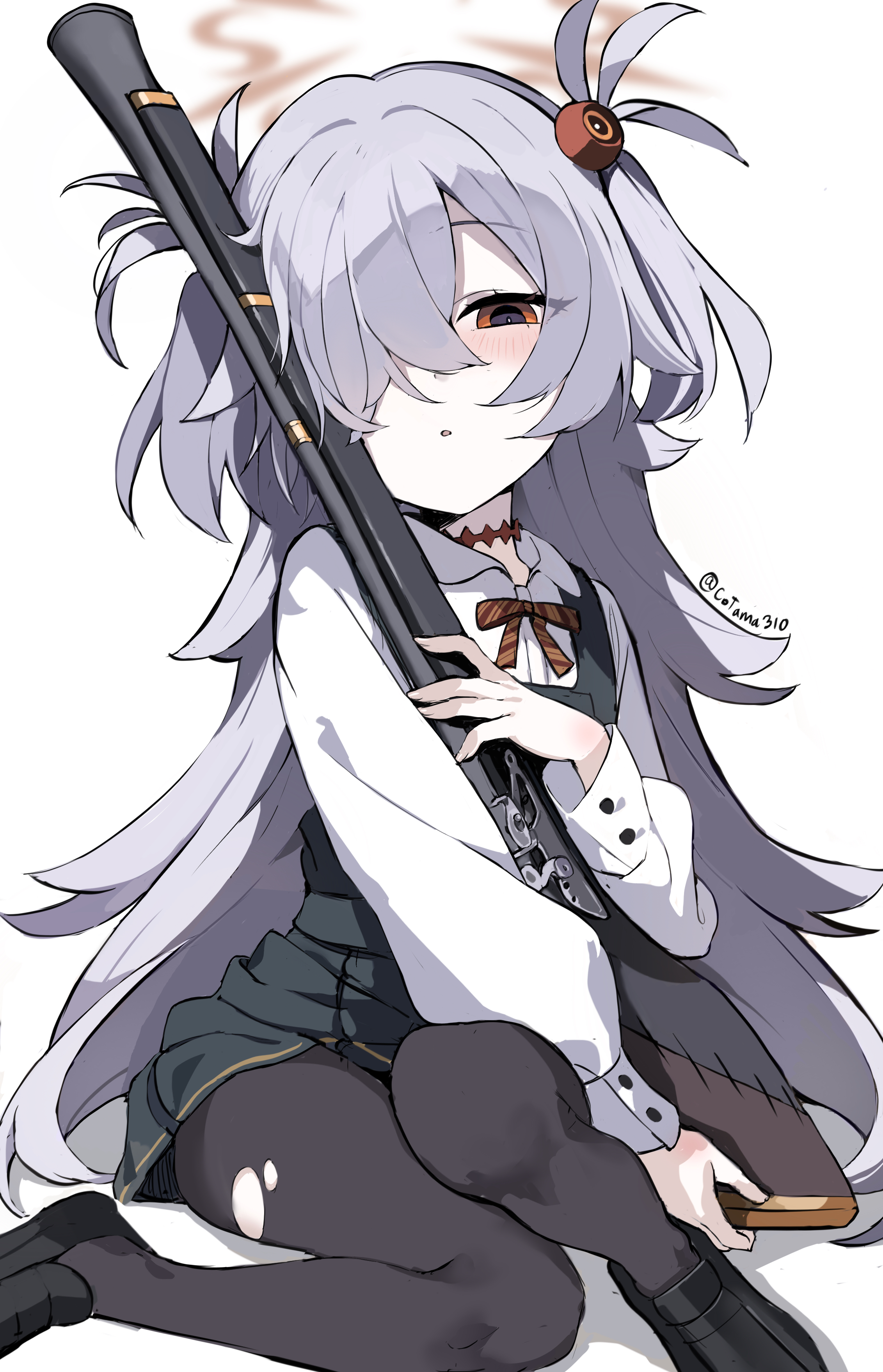 cotama, kanoe (blue archive), blue archive, absurdres, highres, 1girl, antique firearm, black dress, black leggings, black shoes, blunderbuss, brown halo, dress, firearm, firelock, flintlock, grey hair, gun, hair ornament, hair over one eye, half-closed eyes, halo, holding, holding gun, holding weapon, leggings, long hair, orange eyes, pantyhose, scar, scar on neck, school uniform, serafuku, shoes, simple background, sitting, solo, torn clothes, torn pantyhose, very long hair, weapon, white background