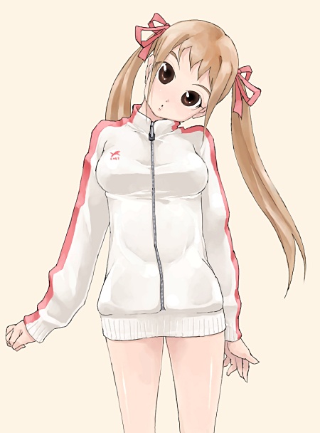 ennui, original, 1girl, brown eyes, female focus, head tilt, jacket, no pants, solo, track jacket, twintails, zipper