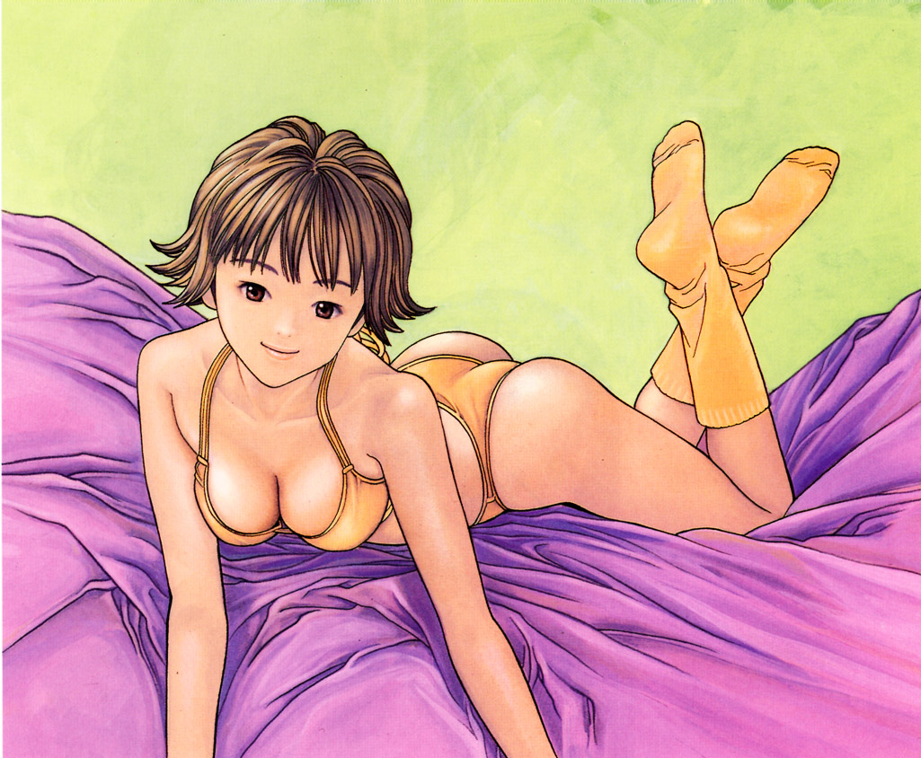 katsura masakazu, akiba itsuki, i"s, official art, 1girl, ass, bed, bikini, bra, breasts, brown eyes, brown hair, cleavage, female focus, indoors, large breasts, lingerie, looking at viewer, lying, on stomach, orange panties, panties, short hair, simple background, skindentation, smile, socks, solo, swimsuit, the pose, underwear, underwear only