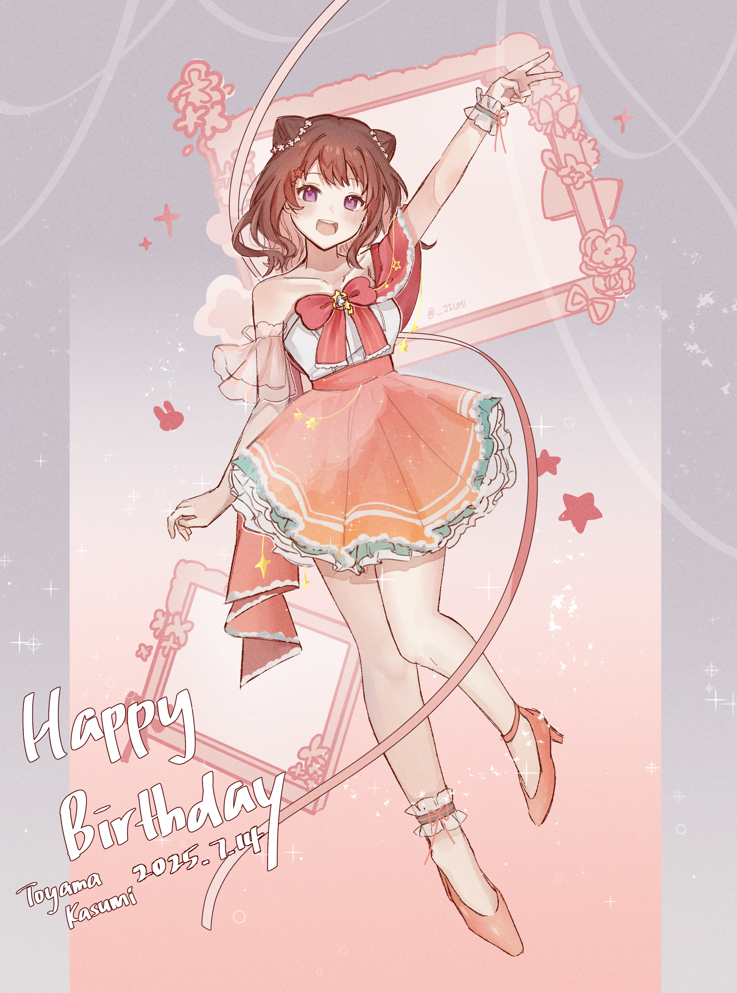 toyama kasumi, bang dream!, absurdres, commentary, english commentary, highres, 1girl, alternate costume, arm up, bow, bowtie, brown eyes, brown hair, dress, full body, hair ornament, happy, happy birthday, jiumi, medium hair, mirror, off shoulder, open mouth, orange skirt, purple eyes, red bow, red bowtie, skirt, solo, standing, star (symbol), star hair ornament, teeth, upper teeth only, v