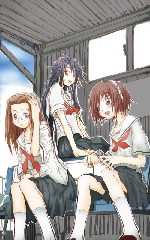 zara (corundum), hitotsubashi yurie, saegusa matsuri, shijou mitsue, kamichu!, 00s, 3girls, adjusting hair, arm support, blue hair, brown hair, glasses, grey eyes, hairband, long hair, messy hair, multiple girls, open mouth, red eyes, school uniform, serafuku, short hair, sitting, socks