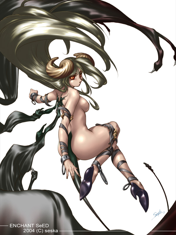 seska (enchant seed), 1girl, demon girl, female focus, horns, solo, tail, topless female, wings