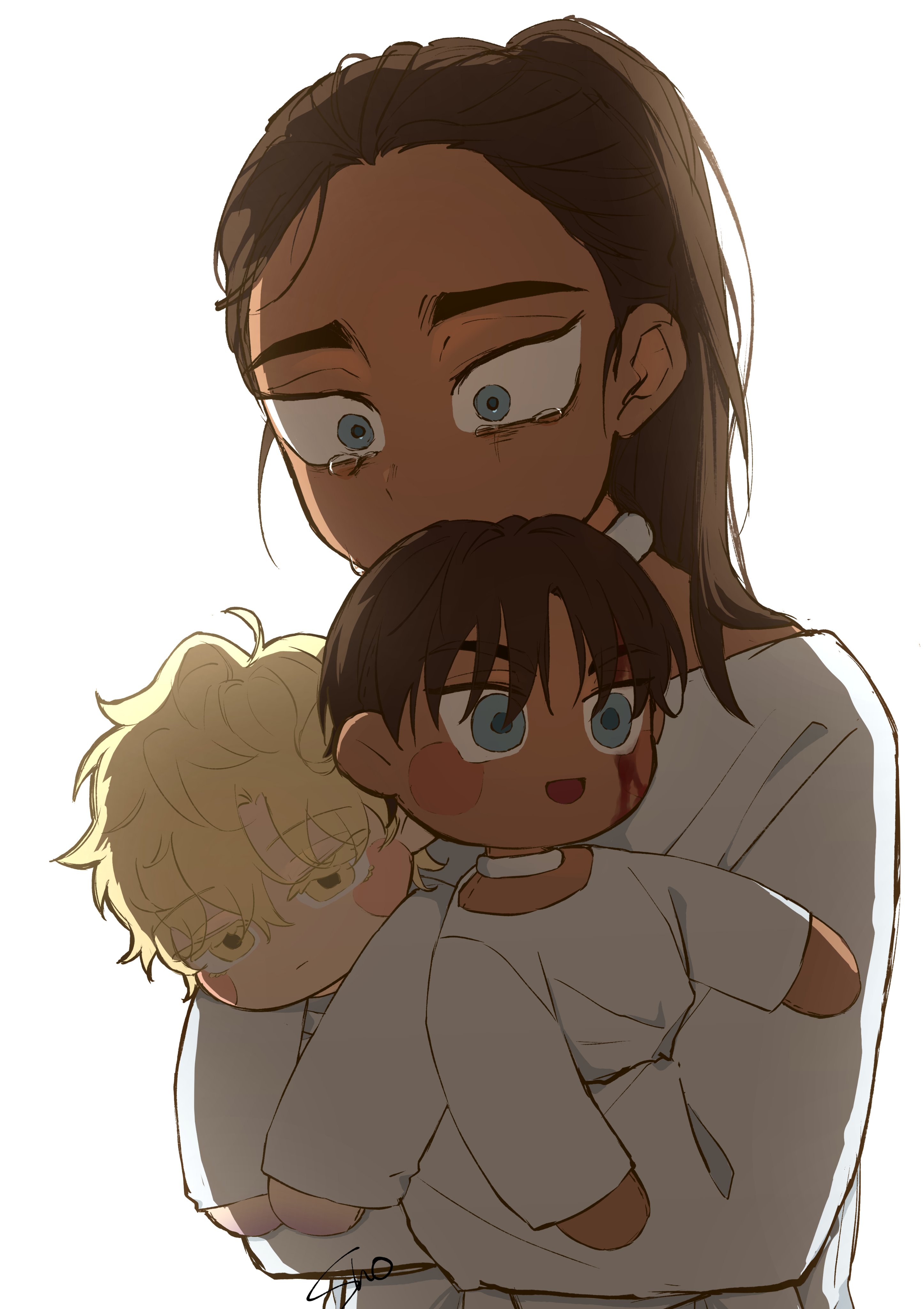 sho (shoootaya), hyuna (alien stage), luka (alien stage), alien stage, absurdres, commentary request, highres, 1girl, blonde hair, blood, brown hair, character doll, dark-skinned female, dark skin, doll, grey eyes, holding, holding doll, hyunwoo (alien stage), long hair, shirt, signature, tears, white shirt, yellow eyes
