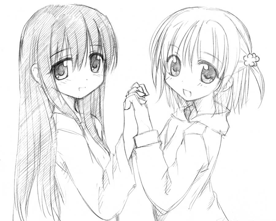 endo saya, takami ryou, tsubomi, endo saya (naisho no tsubomi), saya (saya no uta), tachibana tsubomi, naisho no tsubomi, 00s, 2girls, greyscale, holding hands, hood, interlocked fingers, long hair, looking at viewer, monochrome, multiple girls, naishonotsubomi, one side up, short hair, sketch, smile, symmetrical hand pose, very long hair