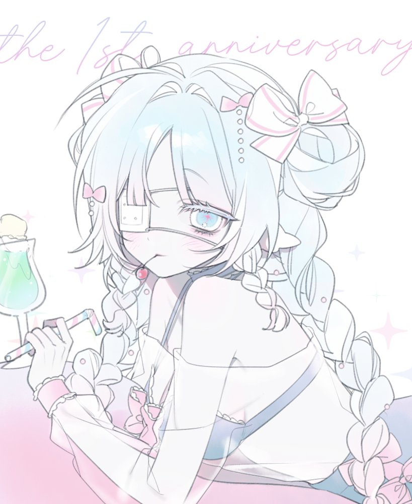bandaid, blue eyes, blush, bluv d, bow, braid, candy, eyepatch, food, hair bow, holding, holding food, lollipop, long hair, looking at viewer, medical eyepatch, multicolored hair, pink bow, see-through clothes, solo, striped background, striped bow, twin braids