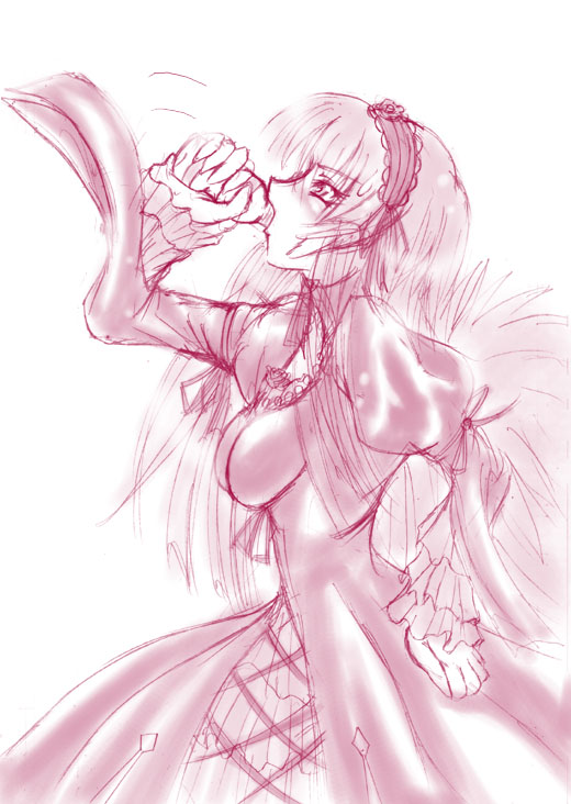 loki080619, suigintou, rozen maiden, yakult, 00s, 1girl, dress, female focus, impossible clothes, impossible dress, lactic acid bacteria, monochrome, purple theme, solo