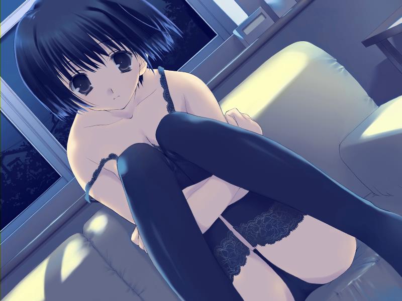 mitsumi misato, asou asuna, tenshi no inai 12-gatsu, lace-trimmed legwear, game cg, 1girl, black eyes, black hair, black panties, black thighhighs, bob cut, dutch angle, female focus, lace, lace trim, panties, short hair, solo, strap slip, thighhighs, underwear