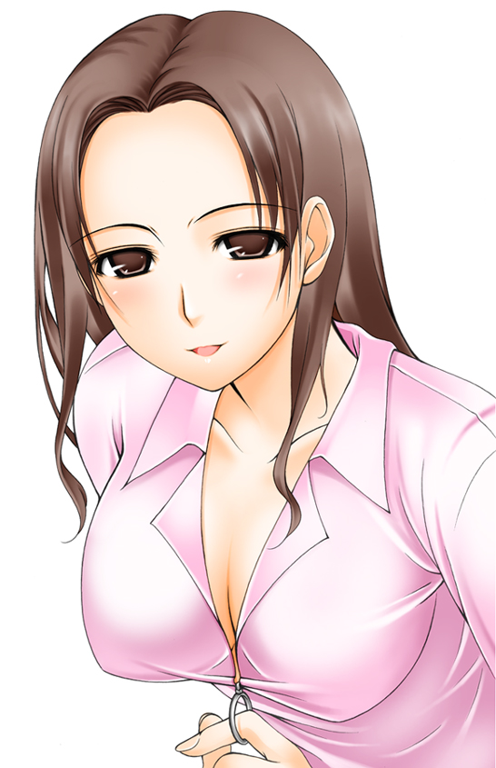 ribucci, kawada tomoko, kimi kiss, 1girl, breasts, brown eyes, brown hair, cleavage, female focus, forehead, large breasts, long hair, shirt, simple background, smile, solo, unzipping, upper body, white background