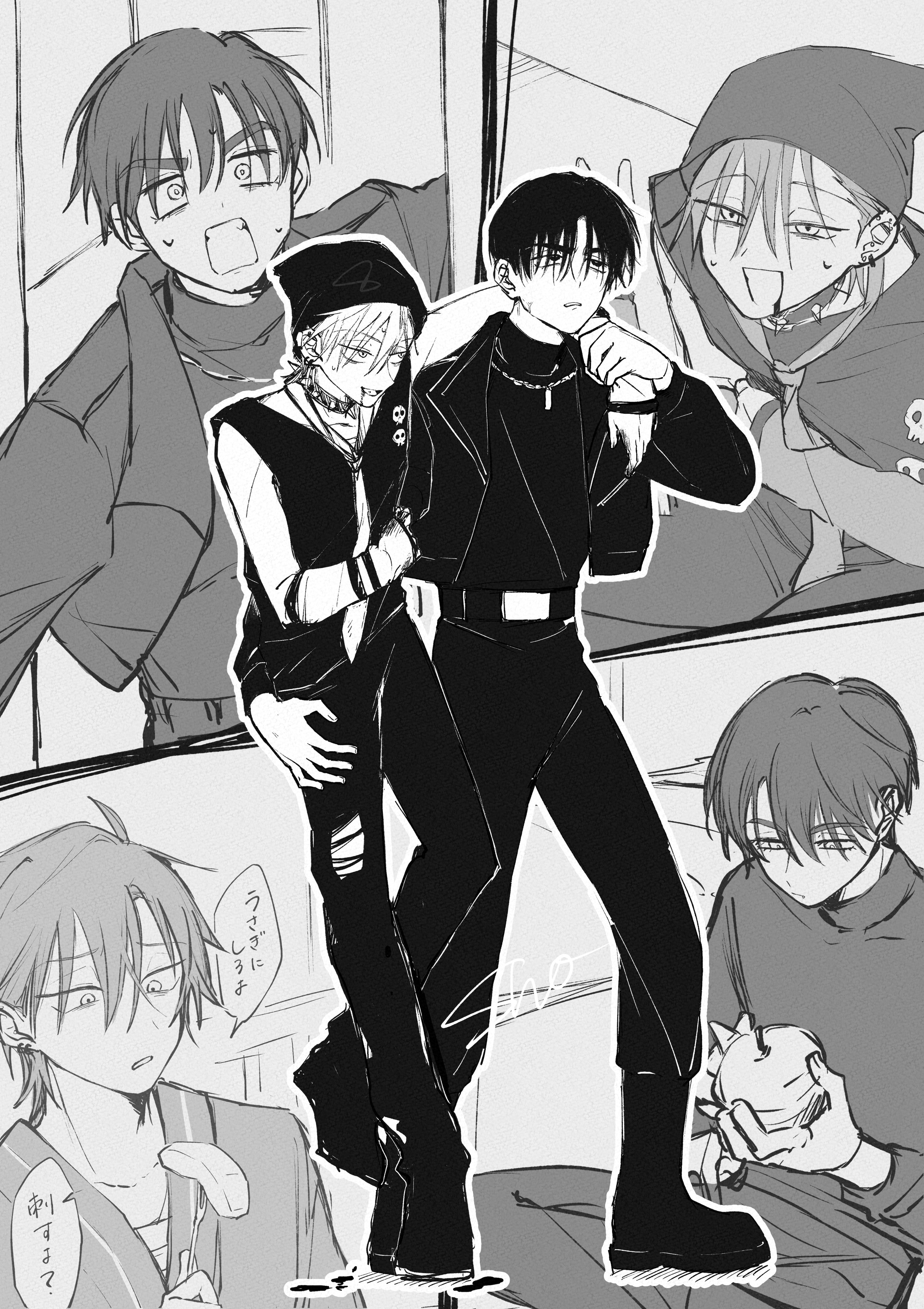 sho (shoootaya), ivan (alien stage), till (alien stage), alien stage, absurdres, commentary request, highres, translation request, 2boys, arm around shoulder, beanie, boots, choker, fork, greyscale, hat, holding, holding fork, jacket, jewelry, male focus, monochrome, multiple boys, necklace, necktie, official alternate costume, pants, shirt, short hair, signature, spiked choker, spikes, torn clothes, torn pants, turtleneck, turtleneck shirt
