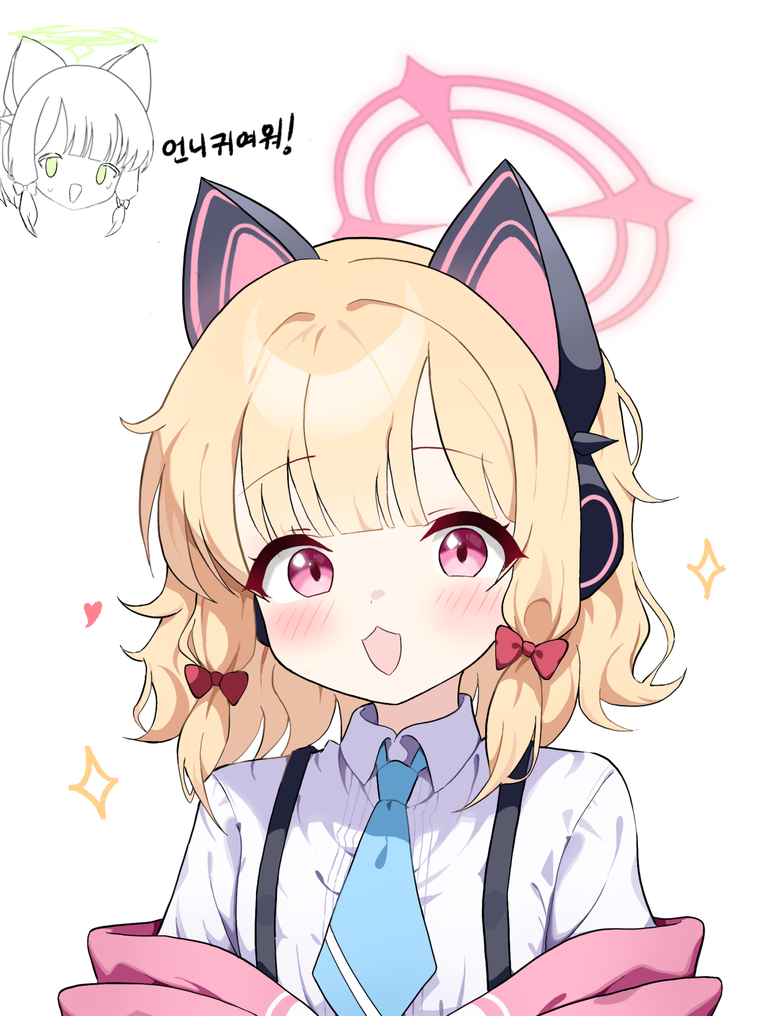 cardcat 00, midori (blue archive), momoi (blue archive), blue archive, commentary request, highres, korean commentary, translation request, 2girls, animal ear headphones, animal ears, blonde hair, blue necktie, blush, bow, cat ear headphones, cat ears, collared shirt, dress shirt, fake animal ears, green eyes, green halo, hair bow, halo, headphones, heart, jacket, korean text, looking at viewer, low-tied sidelocks, medium hair, messy hair, multiple girls, necktie, off shoulder, open mouth, pink eyes, pink halo, pink jacket, red bow, shirt, sidelocks, simple background, smile, solo focus, sparkle, suspenders, upper body, white background, white shirt