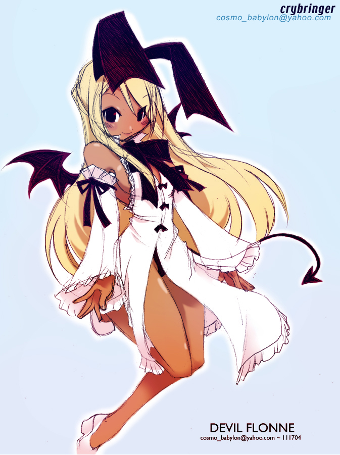 jason robinson, flonne, flonne (fallen angel), disgaea, makai senki disgaea, nippon ichi, animal ears, bat wings, blonde hair, blush, breasts, character name, dark skin, detached sleeves, fake animal ears, fallen angel, rabbit ears, ribbon, sideboob, tail, wings