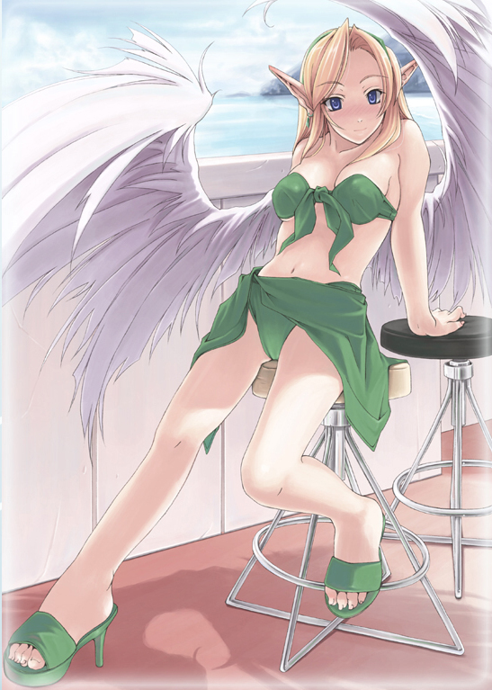 nakaizumi tatsuya, miss surfersparadise, original, 1girl, angel wings, bikini, blonde hair, blue eyes, blush, feet, female focus, green bikini, long hair, navel, pointy ears, sandals, solo, swimsuit, wings