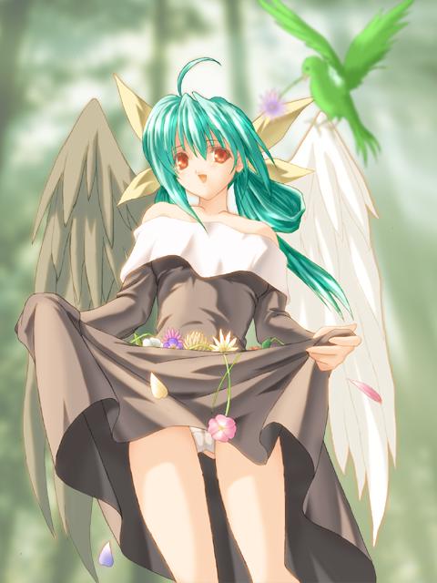 dizzy (guilty gear), arc system works, guilty gear, 1girl, ahoge, asymmetrical wings, blurry, clothes lift, depth of field, dress, dress lift, female focus, flower, green hair, outdoors, panties, pantyshot, red eyes, skirt basket, solo, standing, thighs, underwear, upskirt, white panties, wings