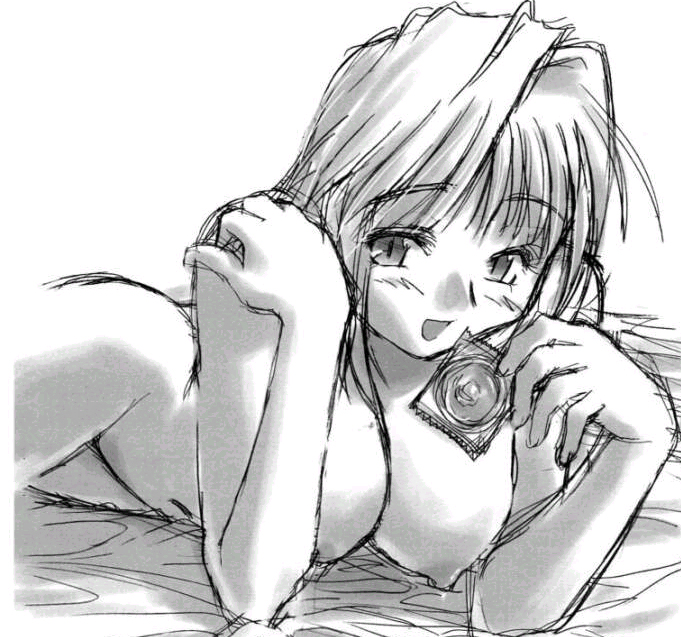 arcueid brunestud, tsukihime, eyebrows, 00s, 1girl, :d, arm support, bed sheet, blush, breasts, come hither, completely nude, condom, condom wrapper, female focus, greyscale, groin, hand on own shoulder, hanging breasts, holding, holding condom, indoors, large breasts, looking at viewer, lying, monochrome, naughty face, navel, nipples, nude, on back, on stomach, open mouth, presenting, short hair, simple background, sketch, smile, solo