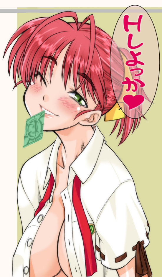nakagami takashi, hayase mina, sexfriend, 00s, 1girl, antenna hair, blush, breasts, condom, condom in mouth, condom wrapper, female focus, green eyes, large breasts, mouth hold, no bra, one eye closed, open clothes, open shirt, ponytail, proposition, red hair, school uniform, serafuku, shirt, solo, teeth hold, wink