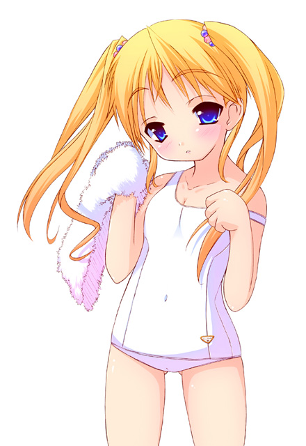 shiou tsuyukusa, blonde hair, blue eyes, blush, cameltoe, loli, one-piece swimsuit, school swimsuit, solo, swimsuit, towel, twintails, white one-piece swimsuit, white school swimsuit
