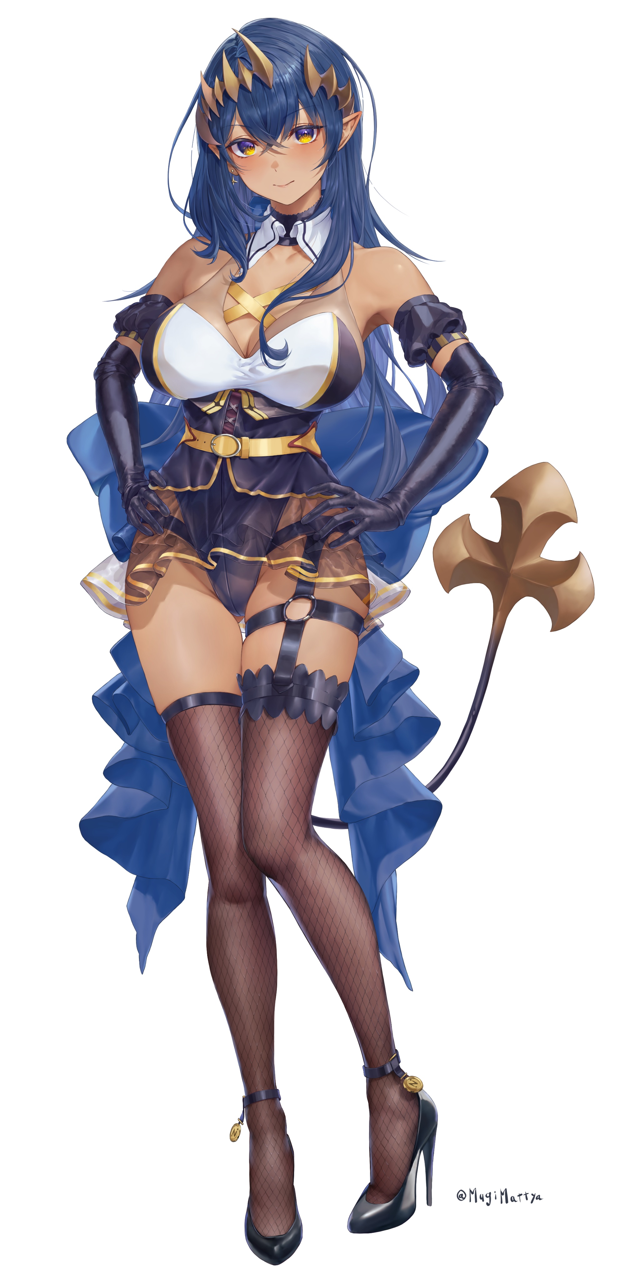 mugi maccha, shimamura charlotte, nanashi inc., absurdres, highres, 1girl, bare shoulders, blue hair, breasts, cleavage, dark-skinned female, dark skin, demon girl, demon horns, demon tail, detached collar, earrings, elbow gloves, fishnet thighhighs, fishnets, gloves, hands on own hips, high heels, horns, jewelry, large breasts, leotard, long hair, looking at viewer, pointy ears, smile, solo, tail, thighhighs, virtual youtuber, white background, yellow eyes