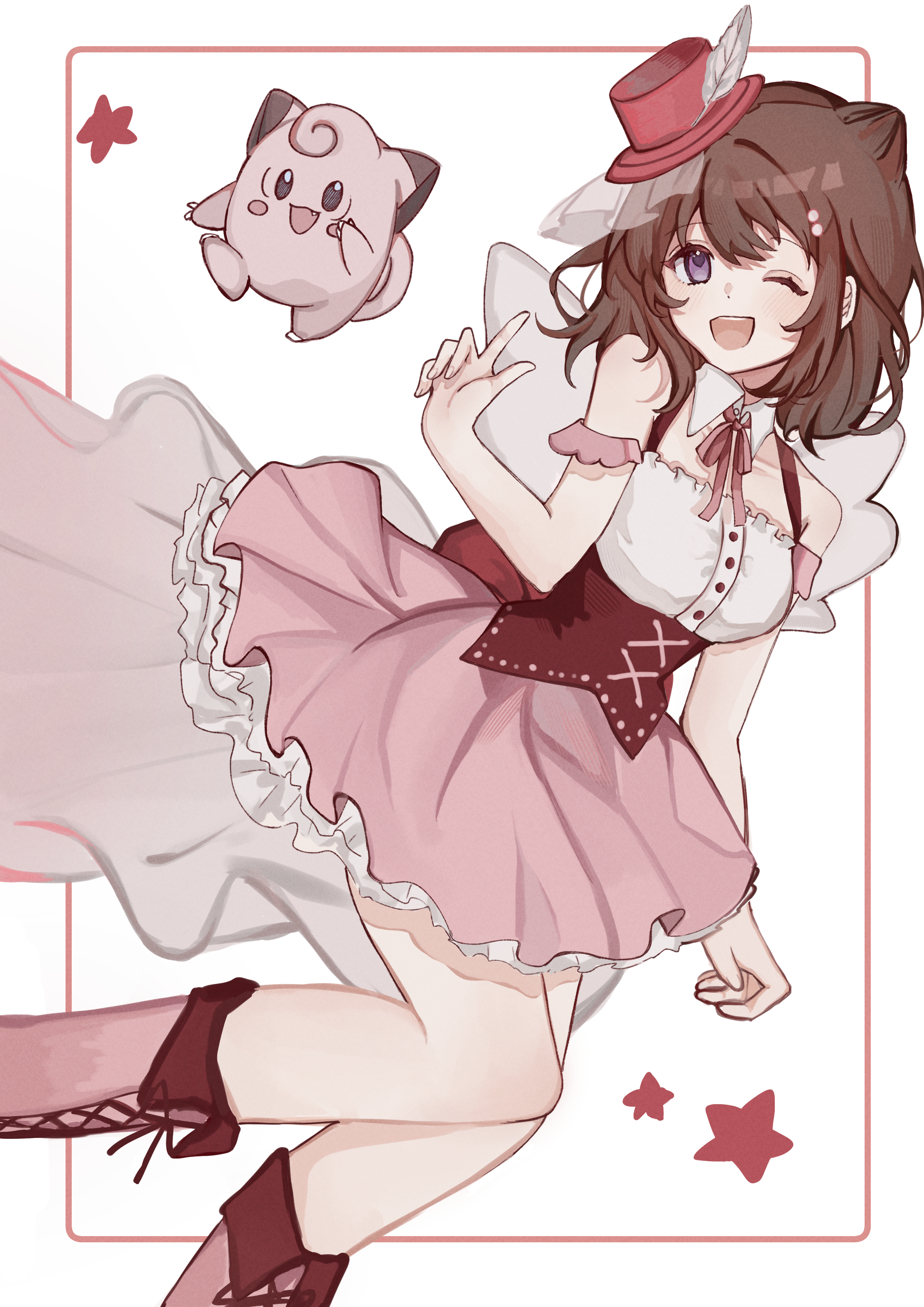 jigglypuff, toyama kasumi, bang dream!, nintendo, pokemon, absurdres, commentary, highres, 1girl, blush, boots, breasts, cone hair bun, gen 1 pokemon, hair bun, hat, index finger raised, jiumi, medium breasts, mini hat, one eye closed, open mouth, pink boots, pink skirt, pokemon (creature), purple eyes, red hat, shirt, skirt, teeth, upper teeth only, white shirt