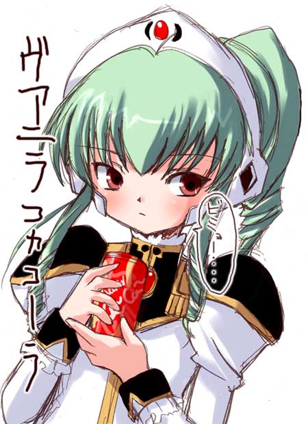 vanilla h, broccoli (company), coca-cola, galaxy angel, 00s, 1girl, aqua hair, brooch, can, drink, drink can, female focus, gem, jewelry, looking to the side, ponytail, red eyes, sidelocks, soda can, solo, tiara