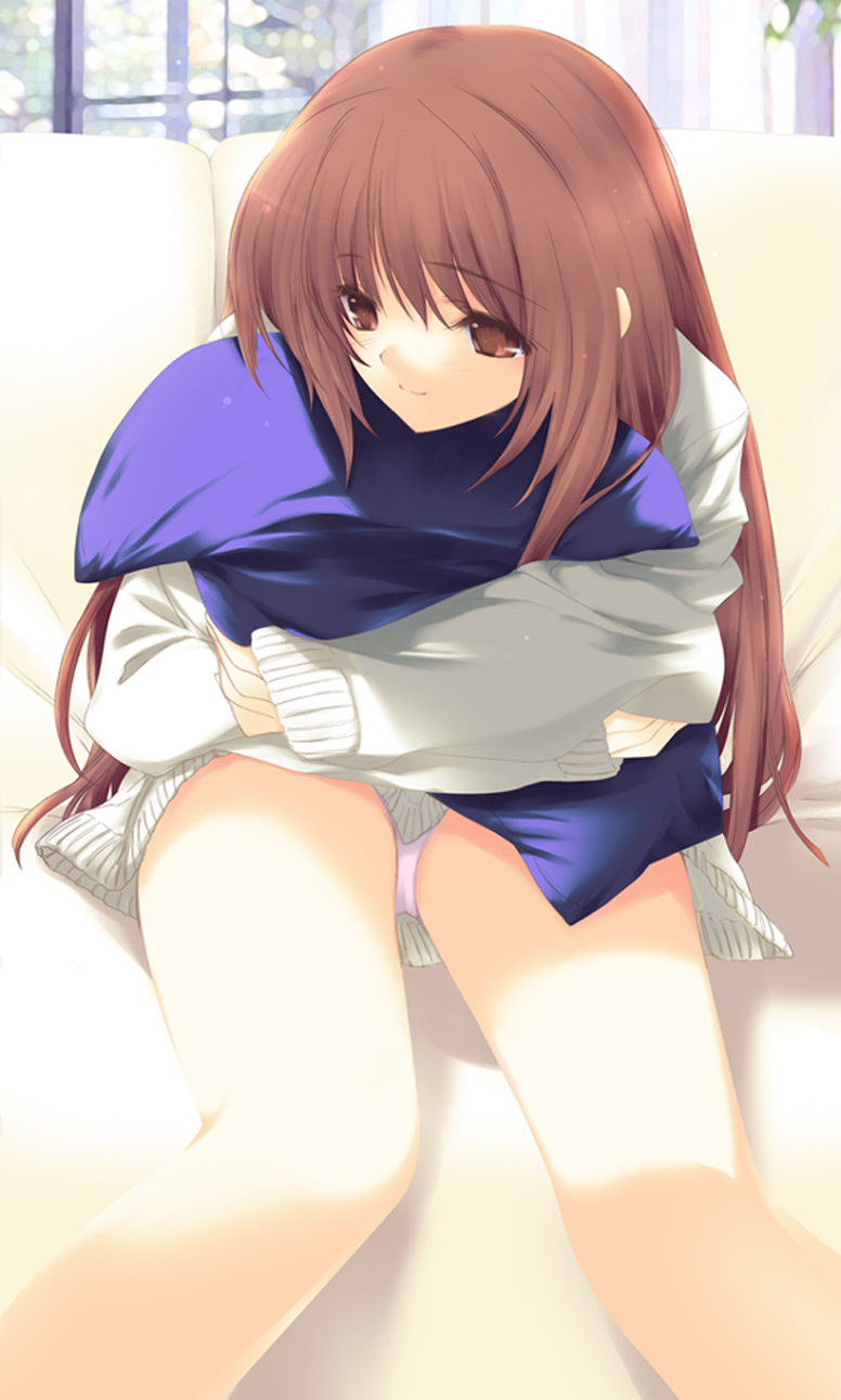 iizuki tasuku, kasumi (doa), dead or alive, tecmo, highres, 1girl, brown eyes, brown hair, female focus, no pants, panties, pantyshot, pelvic curtain, pillow, sitting, solo, sweater, underwear, white panties