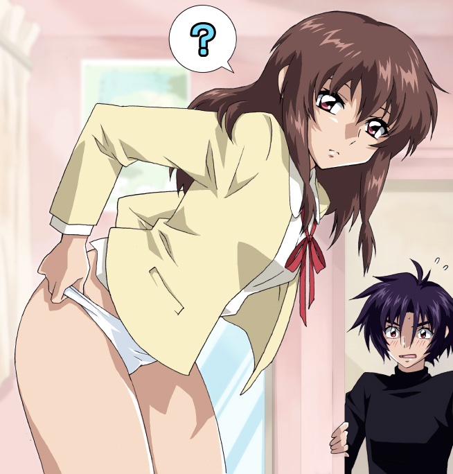 mayu asuka, shinn asuka, gundam, gundam seed, gundam seed destiny, 00s, 1boy, 1girl, ?, blazer, brown hair, flying sweatdrops, jacket, long hair, long sleeves, panties, short hair, spoken question mark, surprised, underwear, undressing, walk-in, white panties