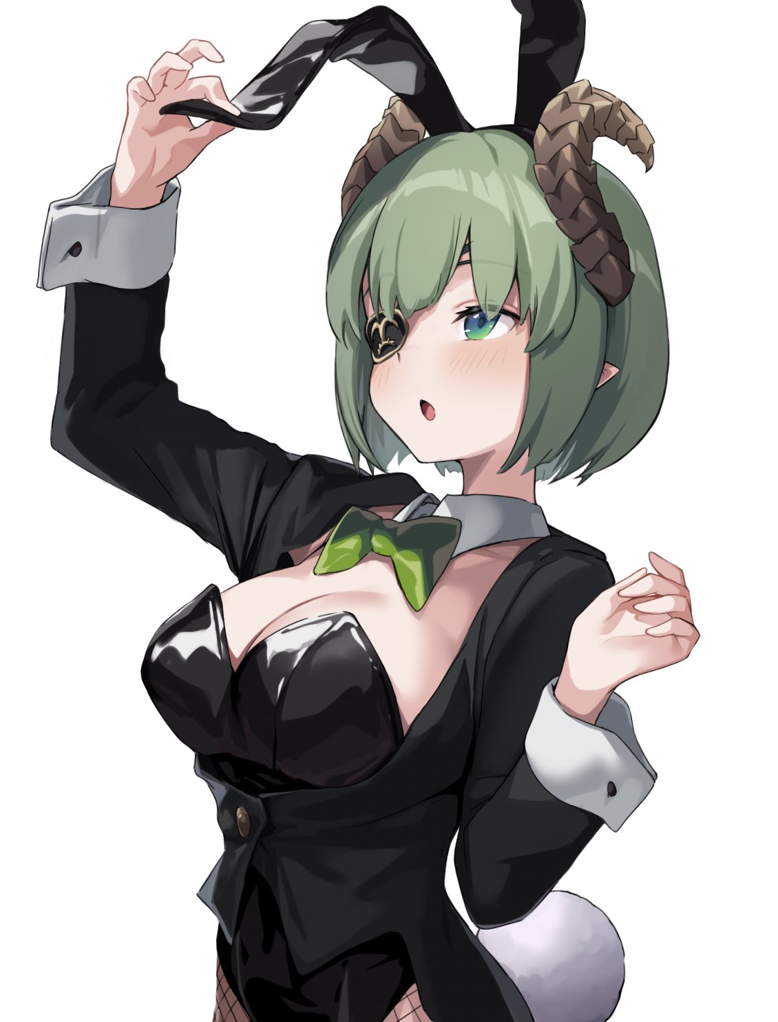 te ga tsumetai, sekishiro mico, honey strap, nanashi inc., highres, 1girl, animal ears, bare shoulders, black leotard, bow, bowtie, breasts, curled horns, demon girl, demon horns, demon tail, detached collar, eyepatch, fake animal ears, green eyes, green hair, horns, jacket, large breasts, leotard, looking at viewer, playboy bunny, pointy ears, rabbit ears, rabbit tail, short hair, solo, strapless, strapless leotard, tail, virtual youtuber