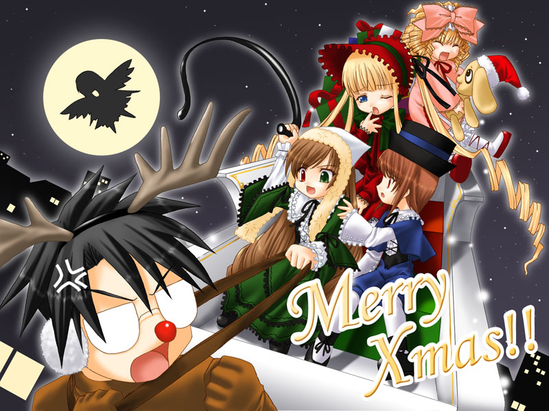 mizuna (water emp-tei), hinaichigo, kunkun, sakurada jun, shinku, souseiseki, suigintou, suiseiseki, rozen maiden, 00s, 1boy, 4girls, animal costume, antlers, blonde hair, bow, christmas, everyone, horns, lolita fashion, merry christmas, multiple girls, pink bow, reindeer costume, siblings, sisters, sleigh, text focus