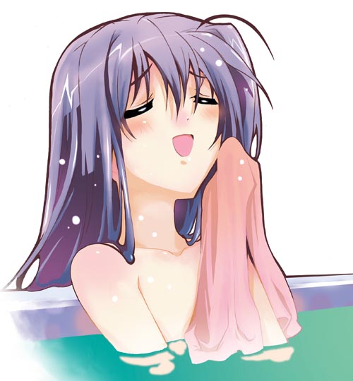 satoyasu, original, 1girl, bath, closed eyes, female focus, open mouth, purple hair, solo, towel, wet