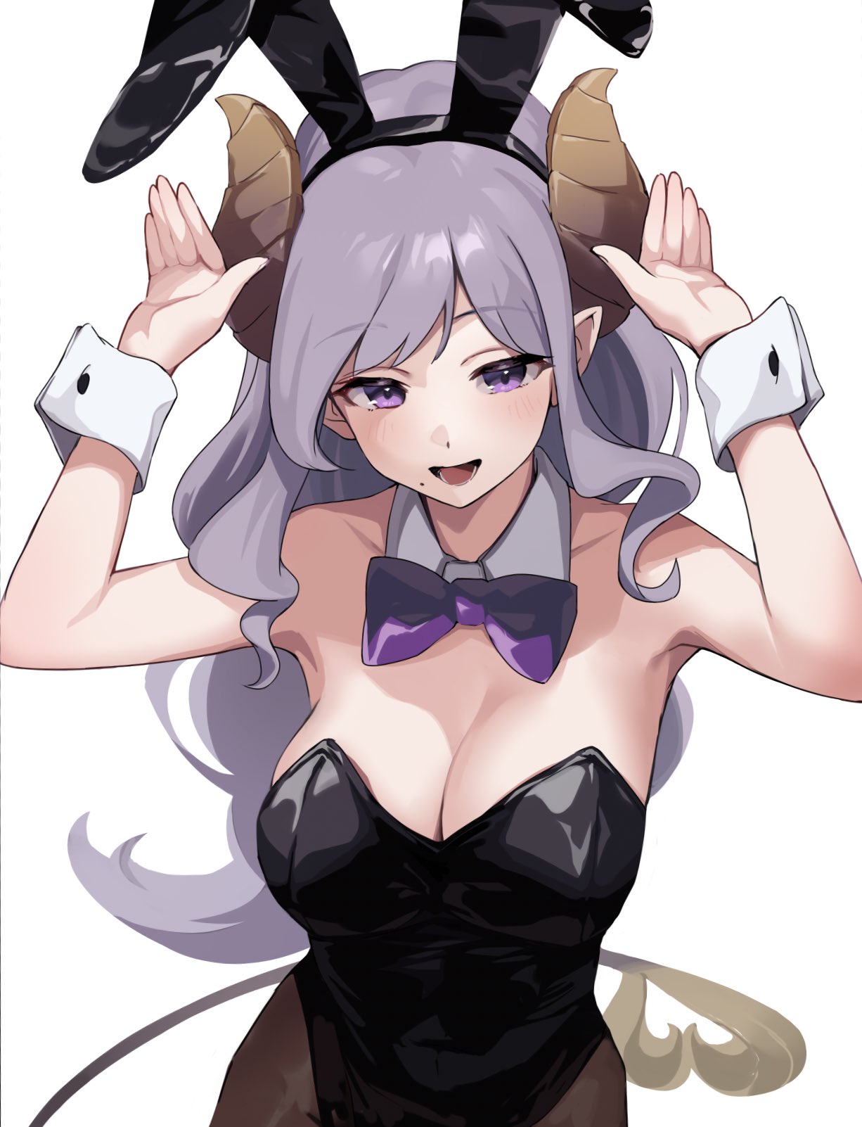 te ga tsumetai, saionji mary, honey strap, nanashi inc., highres, 1girl, animal ears, bare shoulders, black leotard, bow, bowtie, breasts, brown horns, cleavage, demon girl, demon horns, demon tail, detached collar, fake animal ears, horns, large breasts, leotard, long hair, looking at viewer, mole, mole under mouth, pantyhose, playboy bunny, pointy ears, purple eyes, purple hair, rabbit ears, solo, strapless, strapless leotard, tail, virtual youtuber, wrist cuffs