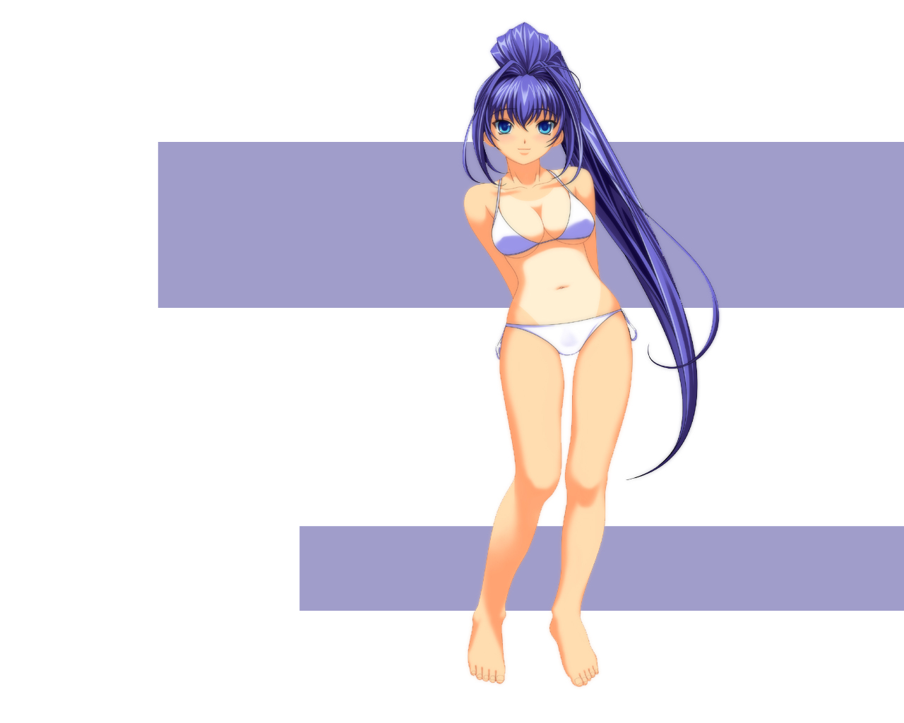 a1 (initial-g), hayase mitsuki, kimi ga nozomu eien, 00s, 1girl, arms behind back, barefoot, bikini, blue eyes, blue hair, feet, female focus, long hair, looking at viewer, matching hair/eyes, one-piece tan, solo, standing, swimsuit, tan, tanline, very long hair, white bikini