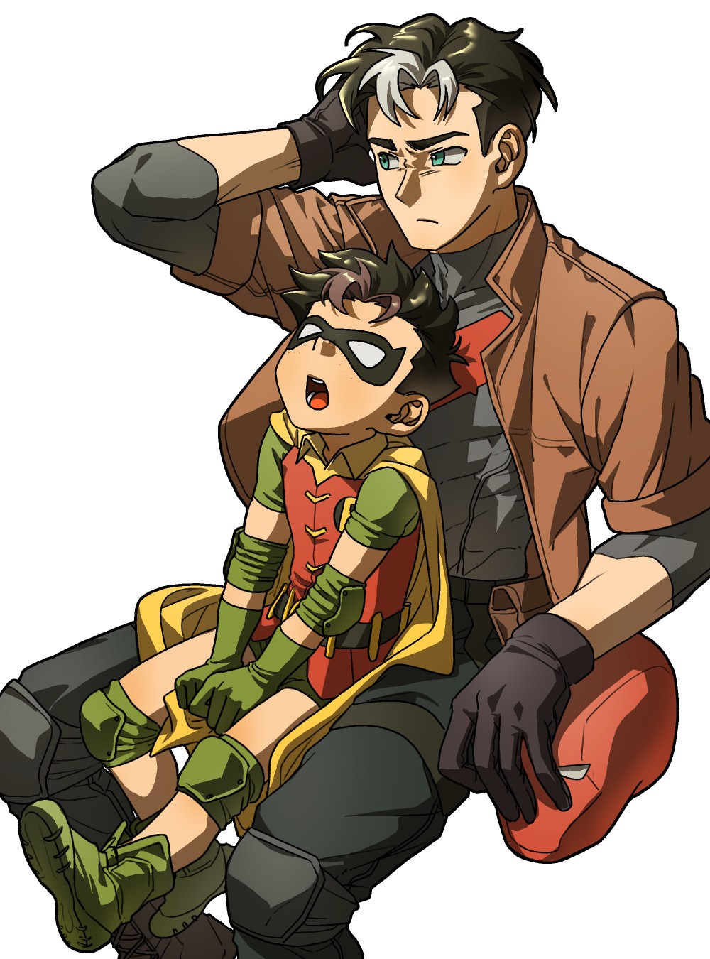 jason todd, red hood (dc), robin (dc), batman (series), dc comics, highres, bat signal, batman symbol, black bodysuit, black gloves, black hair, blue eyes, bodysuit, brown jacket, cape, domino mask, dual persona, gloves, grey bodysuit, holding, jacket, male focus, mask, multicolored hair, multiple boys, muscular, muscular male, noobie dc, open clothes, pants, red hood and the outlaws, red mask, short hair, superhero costume, taut bodysuit, two-tone bodysuit, two-tone hair, yellow cape
