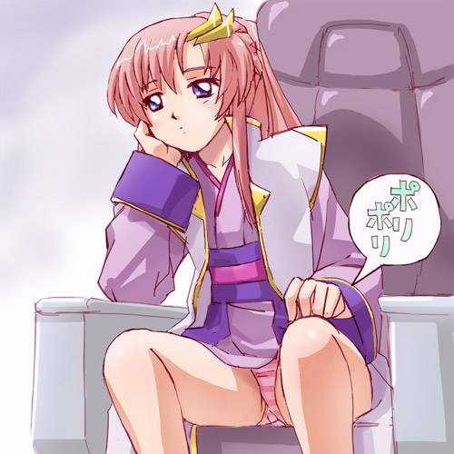 haruyama kazunori, lacus clyne, gundam, gundam seed, striped, lowres, 00s, bored, dress, legs, panties, pantyshot, pink panties, sitting, solo, underwear