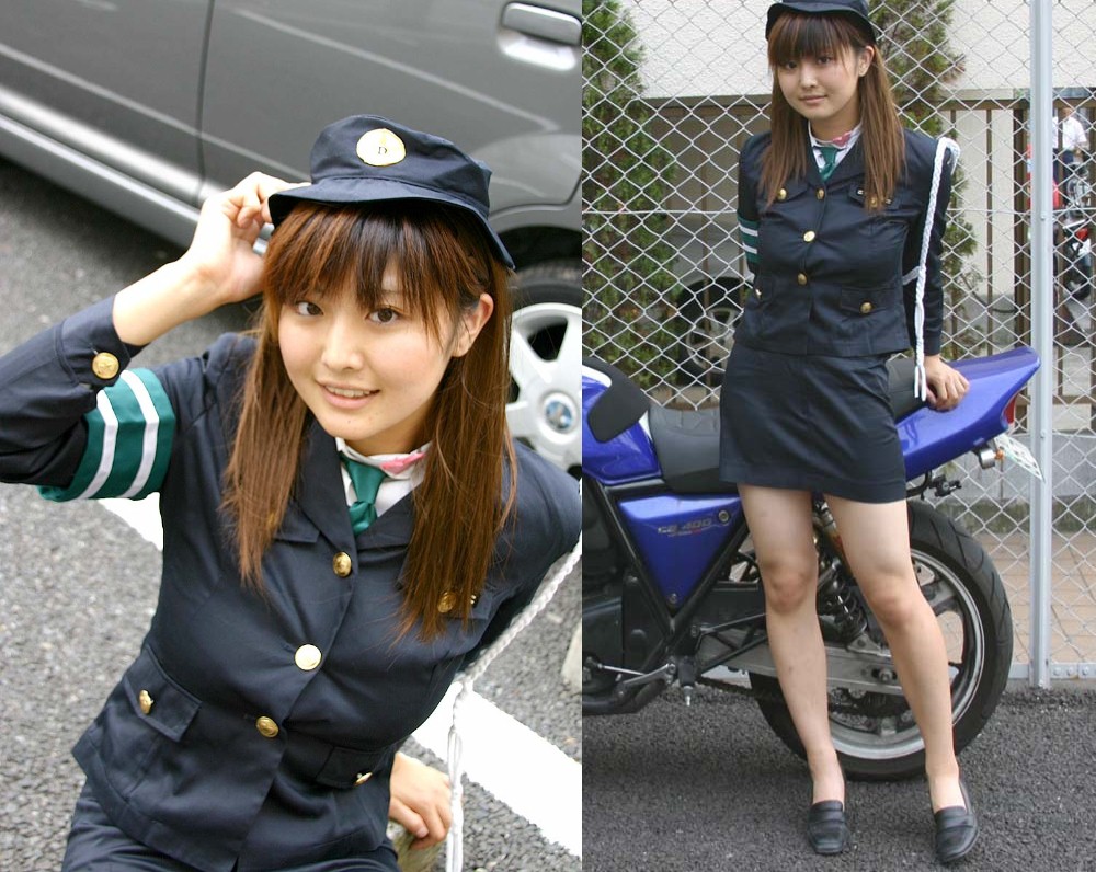vehicle, off-topic, photo (medium), 1girl, armband, asian, day, green armband, motor vehicle, motorcycle, police