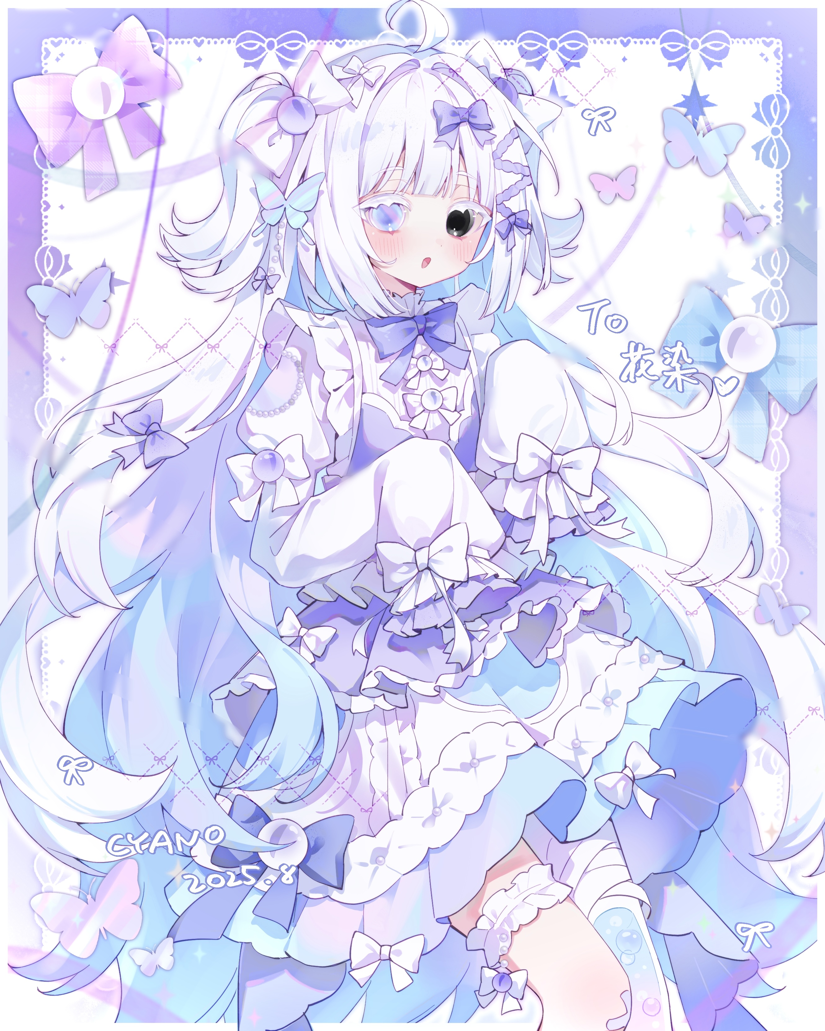 cyano, original, absurdres, highres, 1girl, :d, artist name, bandaged leg, bandages, black eyes, blue dress, blue hair, blush, border, bow, bowtie, dated, dress, feet out of frame, frilled sleeves, frilled thigh strap, frills, hair bow, hands up, heterochromia, juliet sleeves, long hair, long sleeves, looking at viewer, multicolored eyes, multicolored hair, open mouth, puffy sleeves, purple border, purple bow, purple bowtie, purple hair, sleeve bow, sleeves past fingers, sleeves past wrists, smile, solo, standing, thigh strap, white bow, white hair