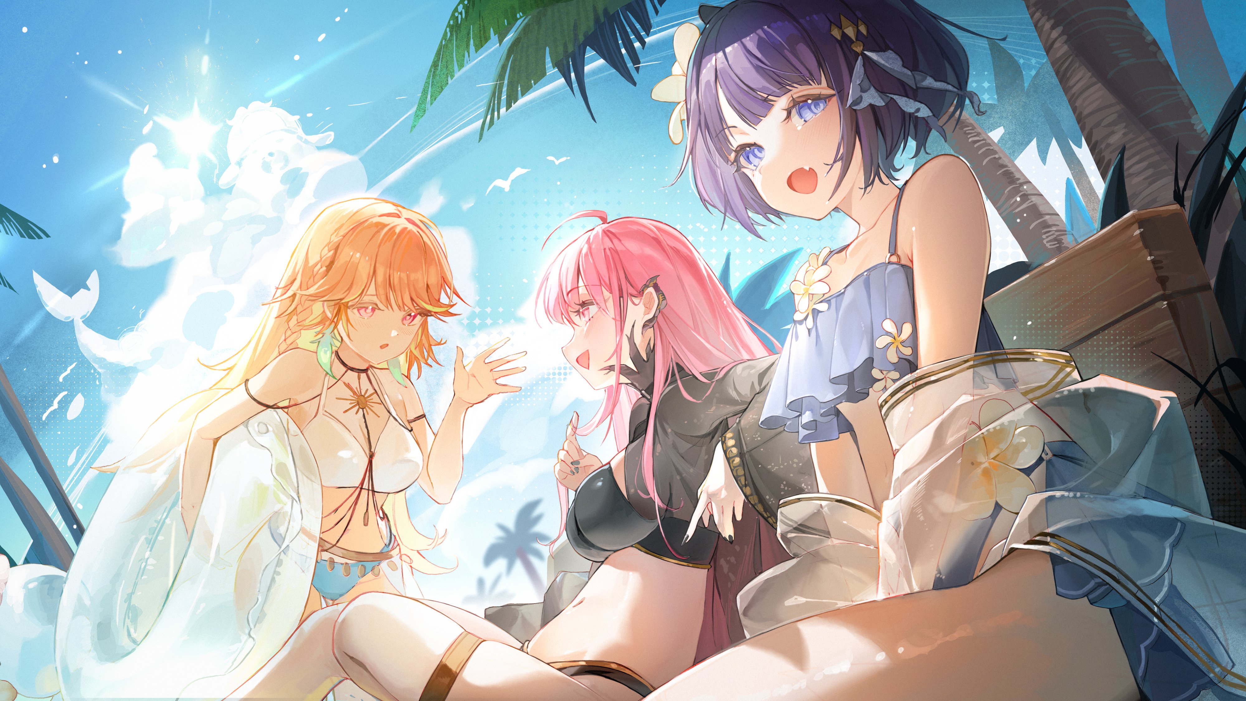 happyongdal, mori calliope, mori calliope (holonatsu paradise), ninomae ina'nis, ninomae ina'nis (holonatsu paradise), takanashi kiara, takanashi kiara (holonatsu paradise), hololive, hololive english, holomyth, holonatsu paradise, absurdres, commentary, highres, symbol-only commentary, 3girls, ahoge, arm rest, bare shoulders, bikini, black bikini, black nails, blue bikini, blunt bangs, body jewelry, braid, breasts, cleavage, cloud, day, earrings, fang, feather earrings, feathers, fingernails, flat chest, flower, frilled bikini top, gold trim, green bikini, halterneck, holding, holding swim ring, innertube, jewelry, large breasts, long hair, long sleeves, looking at another, looking at viewer, mismatched bikini, multiple girls, navel, official alternate costume, on bench, open hand, open mouth, orange hair, outdoors, palm tree, pink eyes, pink hair, purple eyes, purple hair, short hair, sitting, sky, stomach, sun, swim ring, swimsuit, swimsuit cover-up, talking, tentacle hair, thigh strap, transparent swim ring, tree, virtual youtuber, white bikini, white flower