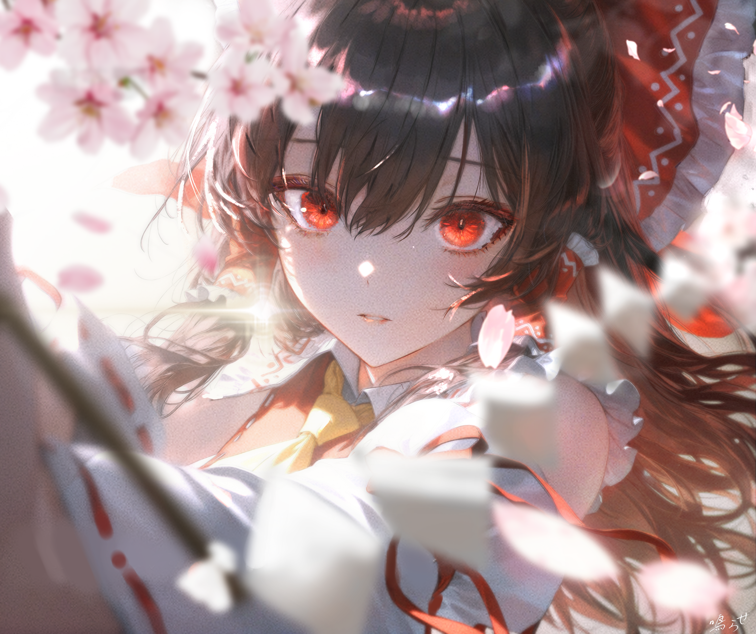 narase (ffrv5573), hakurei reimu, touhou, absurdres, commentary request, highres, 1girl, ascot, blurry, bow, brown hair, cherry blossoms, depth of field, detached sleeves, falling petals, flower, frilled bow, frilled hair tubes, frills, gohei, hair bow, hair tubes, holding, holding gohei, long hair, petals, pink flower, pink petals, red bow, red eyes, ribbon-trimmed sleeves, ribbon trim, solo, yellow ascot