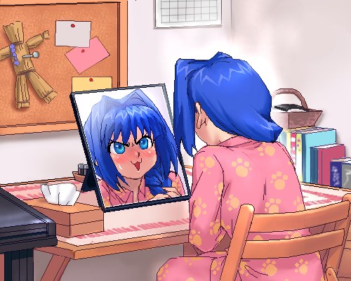 zen, minase akiko, minase nayuki, kanon, lowres, 1girl, blue eyes, blue hair, blush, braid, chair, female focus, from behind, hair intakes, indoors, mirror, oekaki, on chair, pajamas, paw print, reflection, sitting, solo, straw doll, sweatdrop, voodoo doll