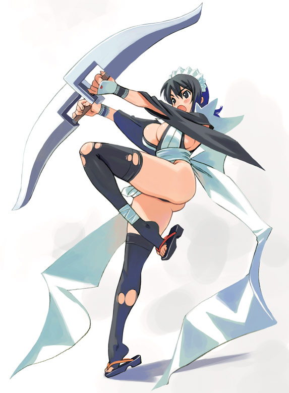 ryoji (nomura ryouji), iroha (samurai spirits), samurai spirits, snk, blade, 1girl, arms up, ass, atticworkspace, black eyes, black hair, black thighhighs, breasts, cleavage, dual wielding, female focus, full body, headdress, holding, holding weapon, huge ass, jumping, large breasts, leg lift, legs, leotard, leotard under clothes, long sleeves, maid, maid headdress, open mouth, sandals, sideboob, solo, standing, strapless, strapless leotard, sword, thighhighs, thong leotard, toeless legwear, toes, torn clothes, weapon, zouri