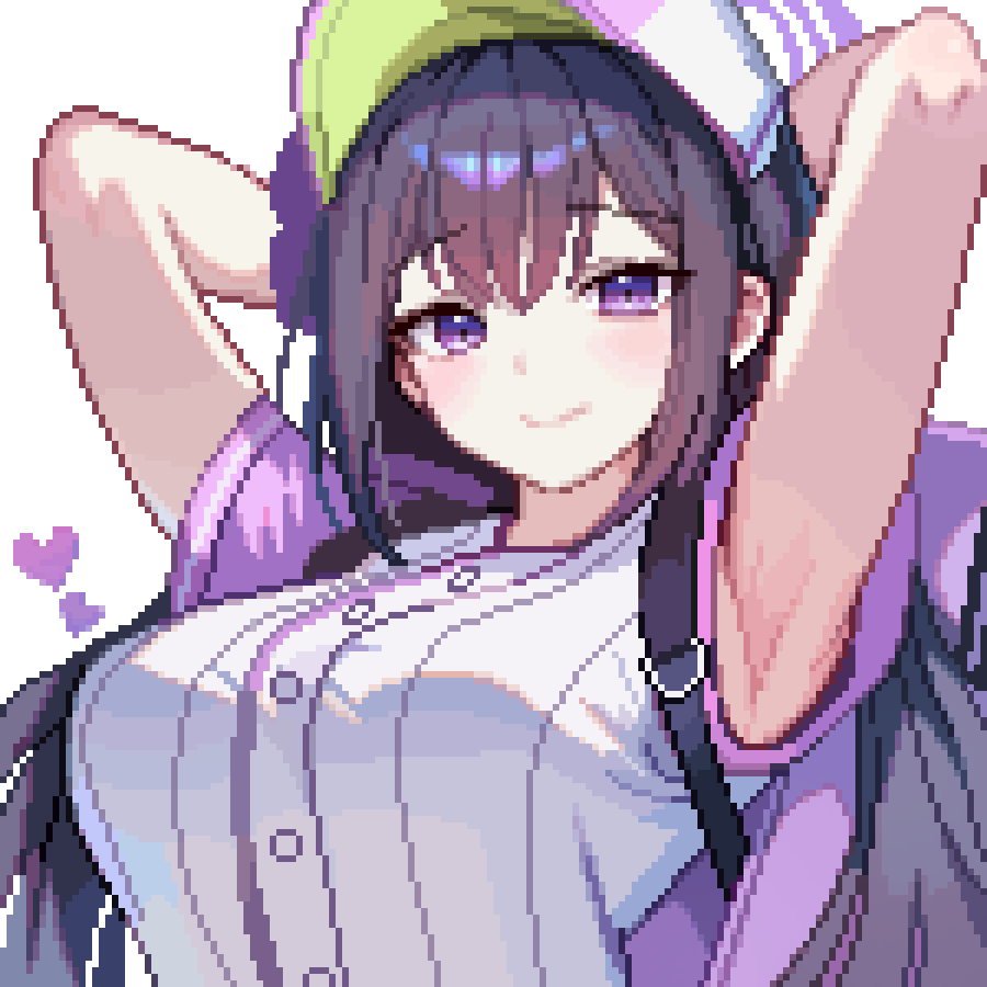 tinia etru, sumire (blue archive), sumire (part-time) (blue archive), blue archive, commentary, 1girl, armpits, arms up, bag, baseball cap, baseball jersey, black hair, blush, breasts, closed mouth, flower, hair between eyes, hair flower, hair ornament, halo, hat, heart, jersey, large breasts, long hair, looking at viewer, low twintails, official alternate costume, official alternate hairstyle, pixel art, presenting armpit, purple bag, purple eyes, purple halo, shirt, short sleeves, sidelocks, simple background, smile, solo, twintails, upper body, uriko (baseball), very long hair, white background, white shirt