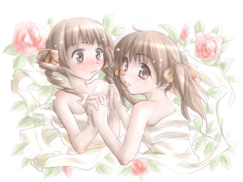 rackane, fukuzawa yumi, matsudaira touko, maria-sama ga miteru, 00s, 2girls, ahoge, bare arms, bare shoulders, blush, brown eyes, brown hair, drill hair, eyebrows hidden by hair, flower, grin, hair ribbon, holding hands, interlocked fingers, looking at another, looking at viewer, looking back, multiple girls, naked towel, neck, orange ribbon, red flower, red rose, ribbon, rose, short hair, shy, smile, towel, twintails, upper body, yellow ribbon, yuri
