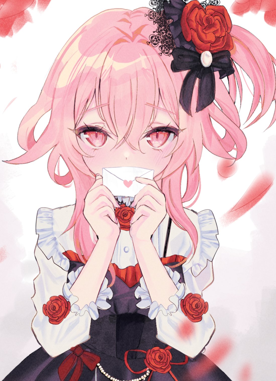 usagii 11, rosemi lovelock, nijisanji, nijisanji en, highres, 1girl, black dress, blush, bow, covering own mouth, dot nose, dress, falling petals, flower, hair between eyes, hair bow, holding, holding letter, letter, looking at viewer, love letter, medium hair, petals, pink eyes, pink hair, red flower, red rose, rose, side ponytail, solo, virtual youtuber