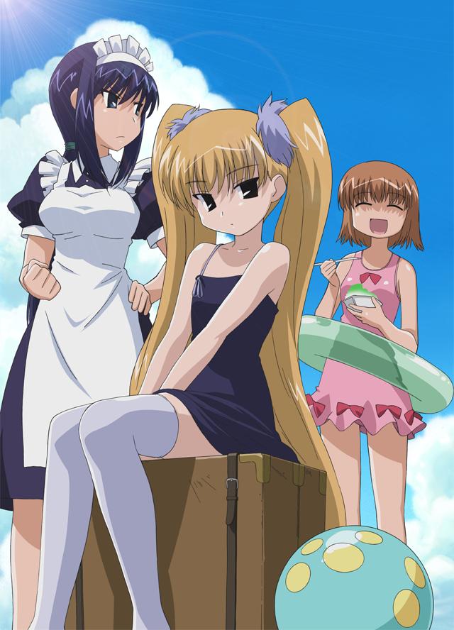 fujii masahiro, tachibanakoharu, minazuki mahiru, tachibana (mahoraba), utsugi sakura, mahoraba, 00s, 3girls, ball, beachball, food, ice cream, innertube, maid, multiple girls, shaved ice, suitcase, swim ring, thighhighs, twintails