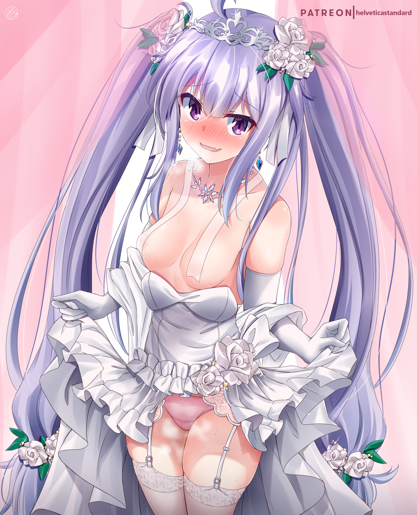 helvetica std, miriam hildegard von gropius, assault lily, commentary request, highres, 1girl, ahoge, areola slip, artist logo, bare shoulders, blush, breasts, clothes lift, clothes pull, collarbone, covered erect nipples, cowboy shot, dress, dress lift, dress pull, earrings, elbow gloves, fang, flower, frilled dress, frills, garter straps, glint, gloves, gradient background, grey hair, hair flower, hair ornament, hair ribbon, hands up, heavy breathing, jewelry, lifting own clothes, logo, long hair, looking at viewer, necklace, nervous smile, nose blush, open mouth, panties, parted lips, patreon username, pink background, pink panties, purple eyes, raised eyebrows, ribbon, rose, see-through ribbon, sidelocks, skin fang, small breasts, smile, solo, standing, steaming body, strapless, strapless dress, sweat, thighhighs, tiara, twintails, two-tone background, underwear, very long hair, wedding dress, white dress, white flower, white gloves, white ribbon, white rose, white thighhighs