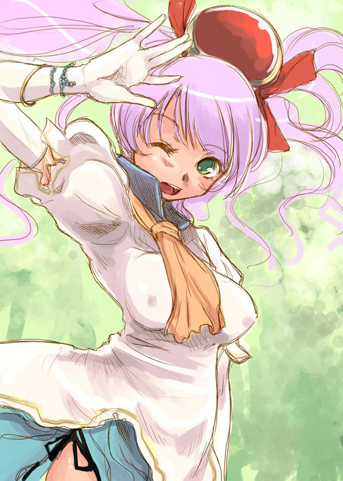 reco, cave (developer), mushihime-sama, 1girl, ;d, arm up, blue sailor collar, blush, bracelet, breasts, covered erect nipples, elbow gloves, female focus, gloves, green eyes, hair ornament, hair ribbon, impossible clothes, impossible shirt, jewelry, large breasts, long hair, long sleeves, nature, necktie, one eye closed, open mouth, outdoors, purple hair, ribbon, sailor collar, school uniform, serafuku, shirt, sketch, skirt, smile, solo, twintails, waving, wink