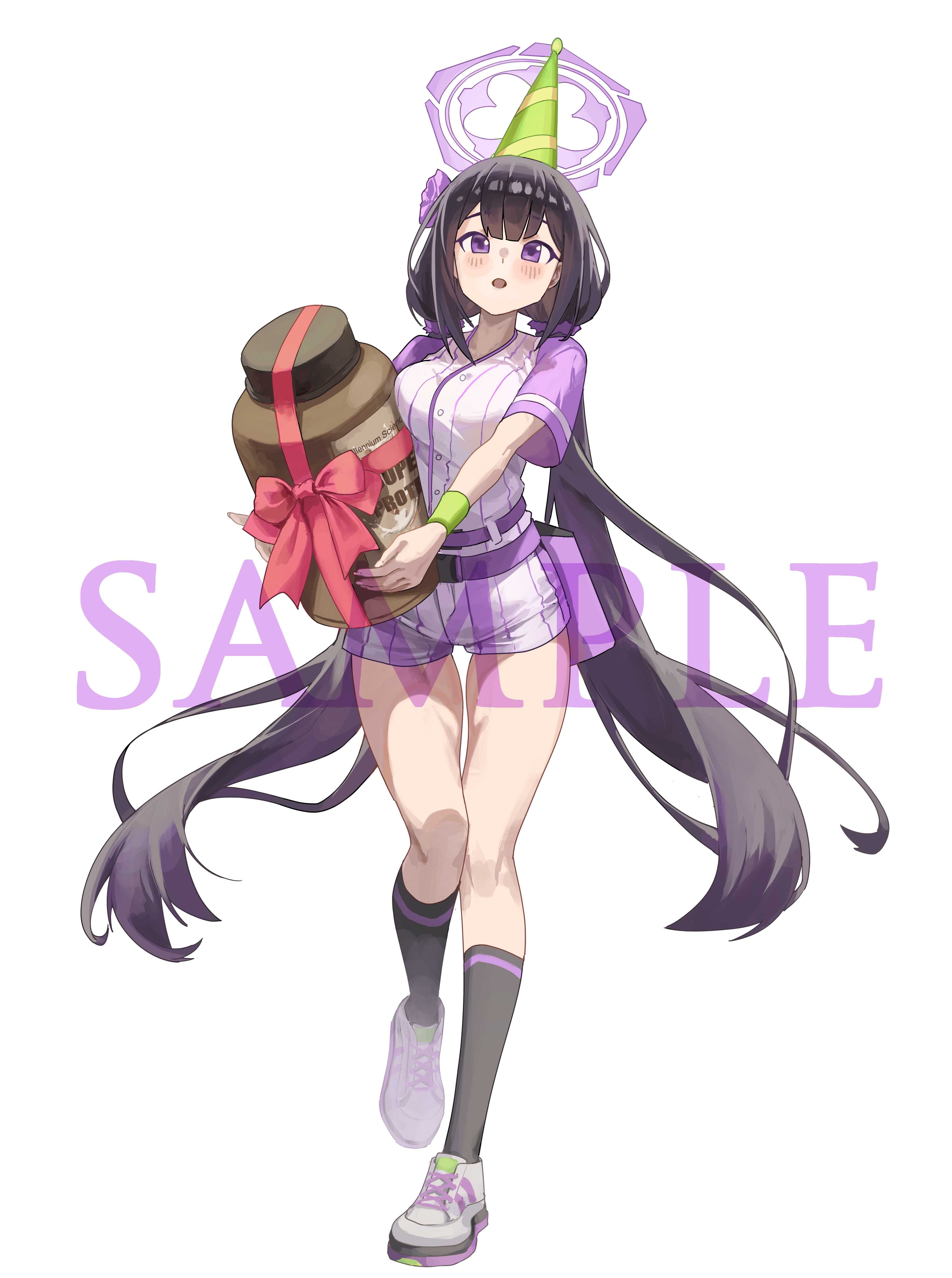 yc97, sumire (blue archive), sumire (part-time) (blue archive), blue archive, absurdres, commentary request, highres, korean commentary, 1girl, :o, baseball jersey, belt, black hair, black socks, blush, bottle, breasts, flower, full body, hair between eyes, hair flower, hair ornament, hair scrunchie, halo, hat, holding, holding bottle, jersey, kneehighs, large breasts, long hair, looking at viewer, low twintails, official alternate costume, official alternate hairstyle, open mouth, oversized object, party hat, purple belt, purple eyes, purple halo, purple scrunchie, purple sleeves, red ribbon, ribbon, sample watermark, scrunchie, shirt, shoes, short shorts, short sleeves, shorts, sidelocks, simple background, sneakers, socks, solo, standing, standing on one leg, striped clothes, striped shorts, sweatband, twintails, uriko (baseball), vertical-striped clothes, vertical-striped shorts, very long hair, watermark, whey protein powder, white background, white shirt, white shoes, white shorts