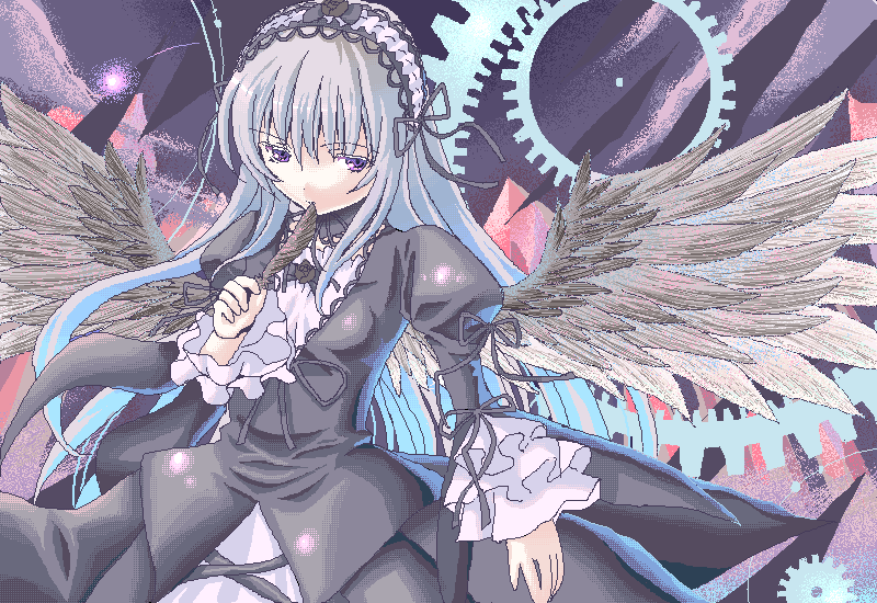 suigintou, rozen maiden, 00s, blue hair, feathers, gothic lolita, lolita fashion, oekaki, purple eyes, solo, wings