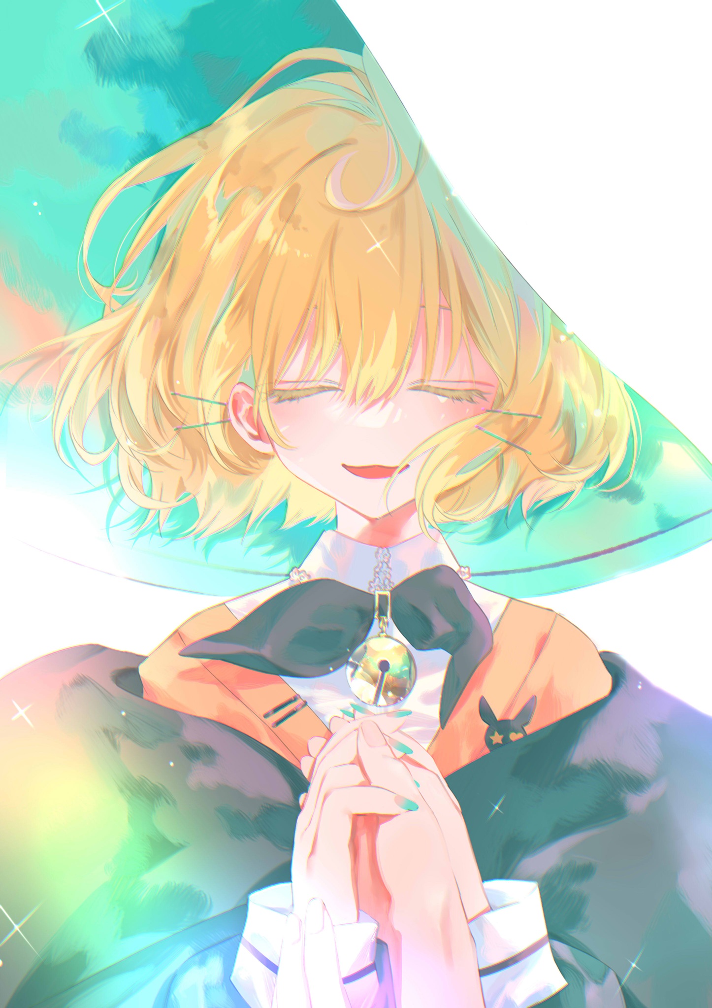 lion iscat, millie parfait, millie parfait (1st costume), nijisanji, nijisanji en, commentary, english commentary, highres, 1girl, ahoge, bell, black neckerchief, blonde hair, blush, cardigan, closed eyes, hair ornament, hairclip, hand grab, hat, jingle bell, large hat, medium hair, neck bell, neckerchief, off-shoulder jacket, off shoulder, open mouth, orange cardigan, own hands clasped, own hands together, pov, pov hands, simple background, sparkle, virtual youtuber, white background, witch hat